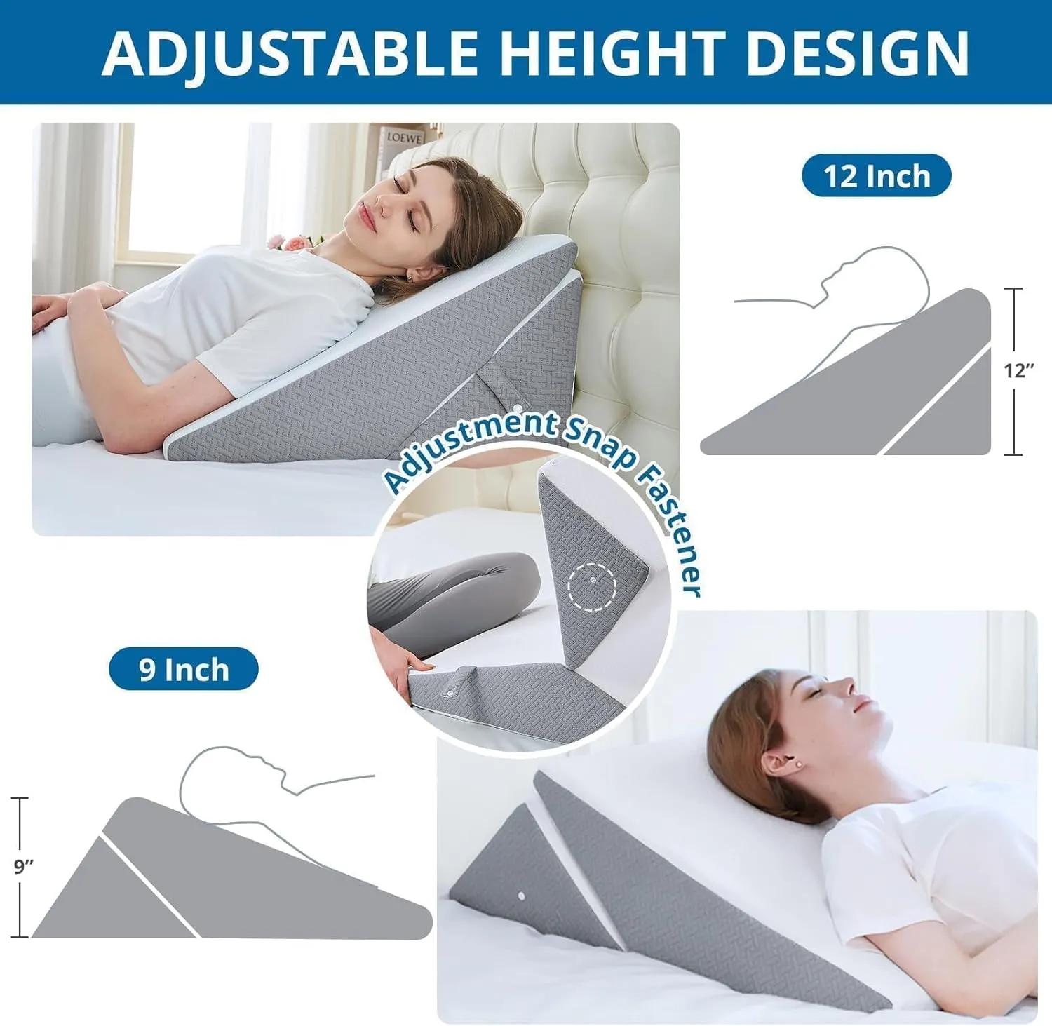 Sasttie Wedge Pillow for After Surgery, Adjustable Memory Foam Bed Wedge Pillow Headboard for Sleeping, Acid Reflux, Surgery Recovery, Neck & Back Support, White and Dark Grey