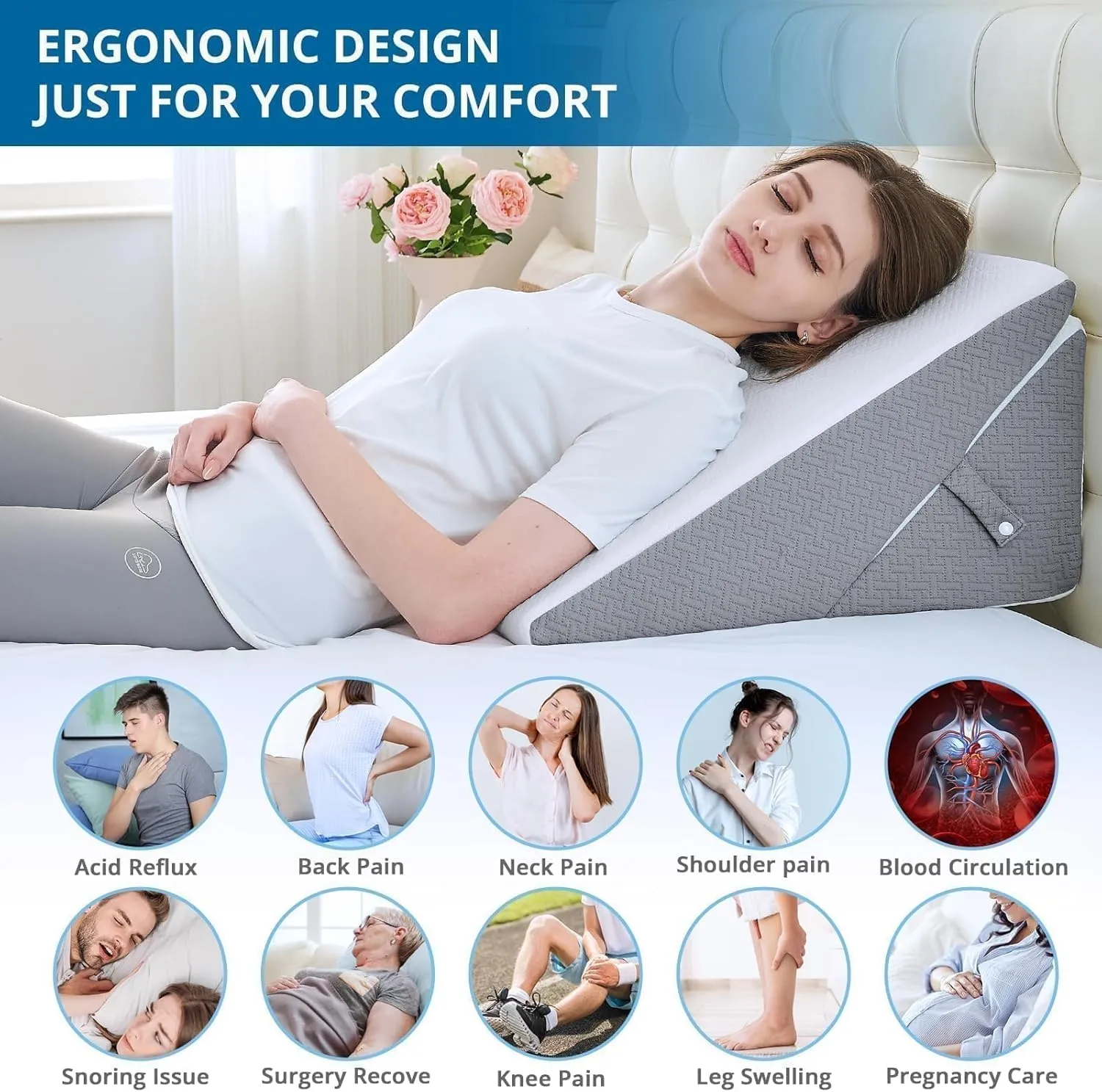 Sasttie Wedge Pillow for After Surgery, Adjustable Memory Foam Bed Wedge Pillow Headboard for Sleeping, Acid Reflux, Surgery Recovery, Neck & Back Support, White and Dark Grey