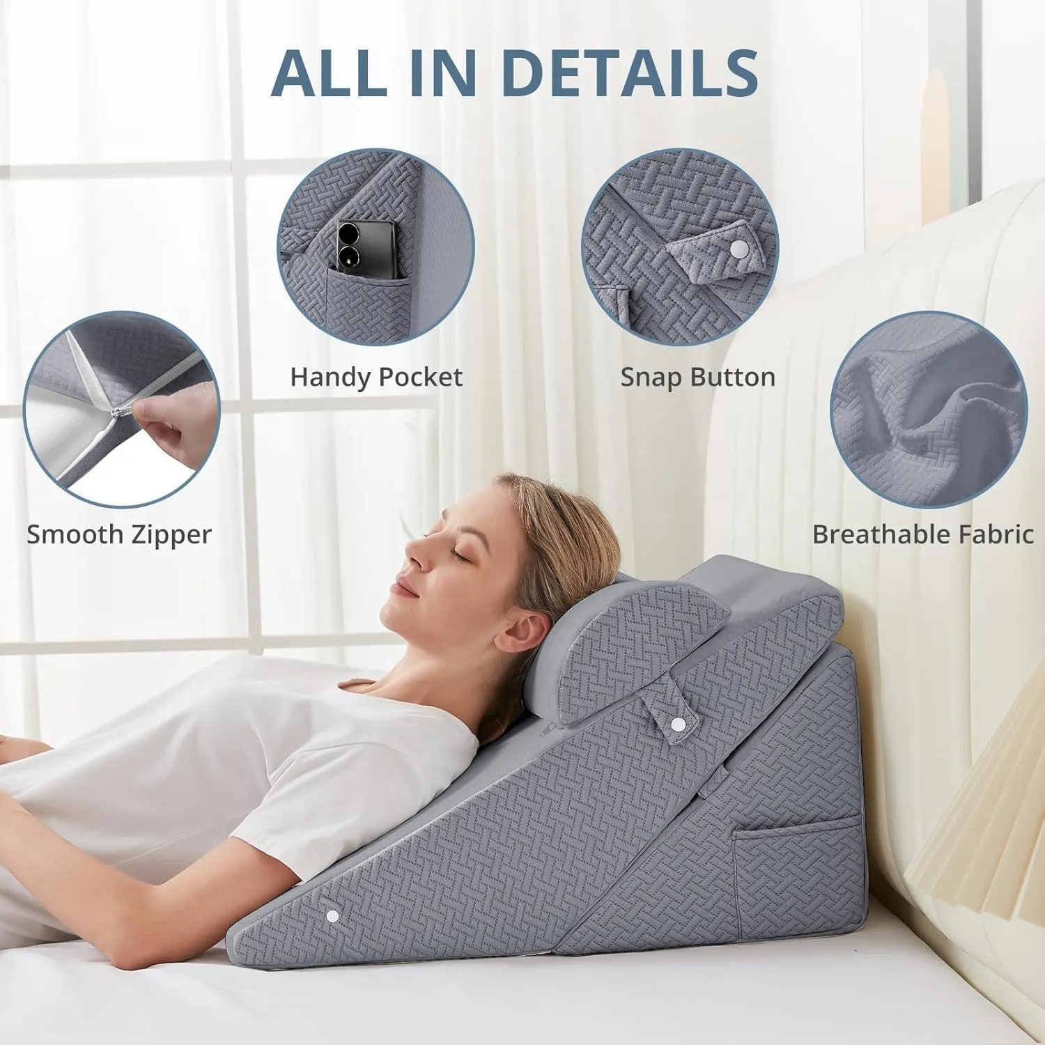 Sasttie Wedge Pillow Set for After Surgery, Adjustable Bed Wedge Pillow Headboard with Orthopedic Memory Foam Neck Cushion – for Acid Reflux, Sleeping, Neck & Back Support, Dark Grey