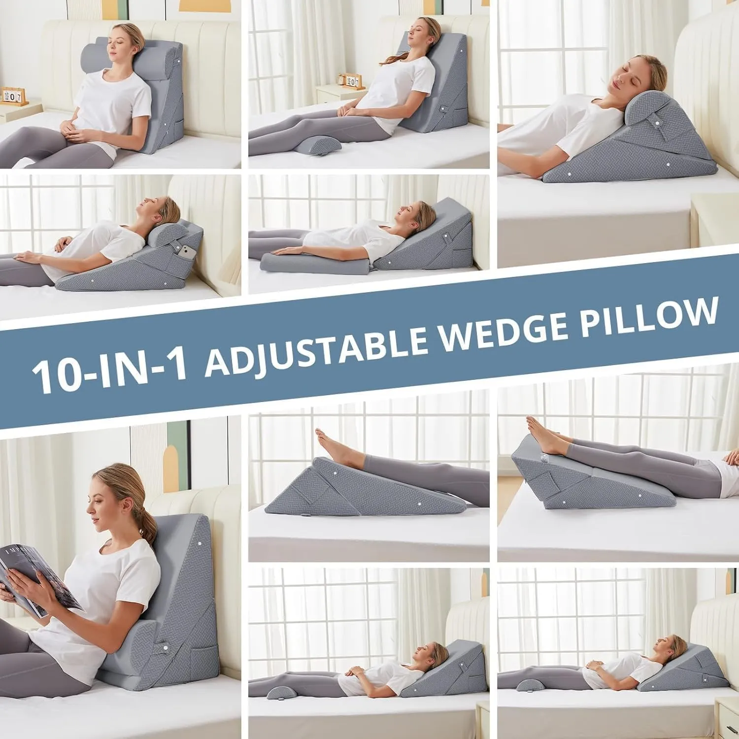 Sasttie Wedge Pillow Set for After Surgery, Adjustable Bed Wedge Pillow Headboard with Orthopedic Memory Foam Neck Cushion – for Acid Reflux, Sleeping, Neck & Back Support, Dark Grey