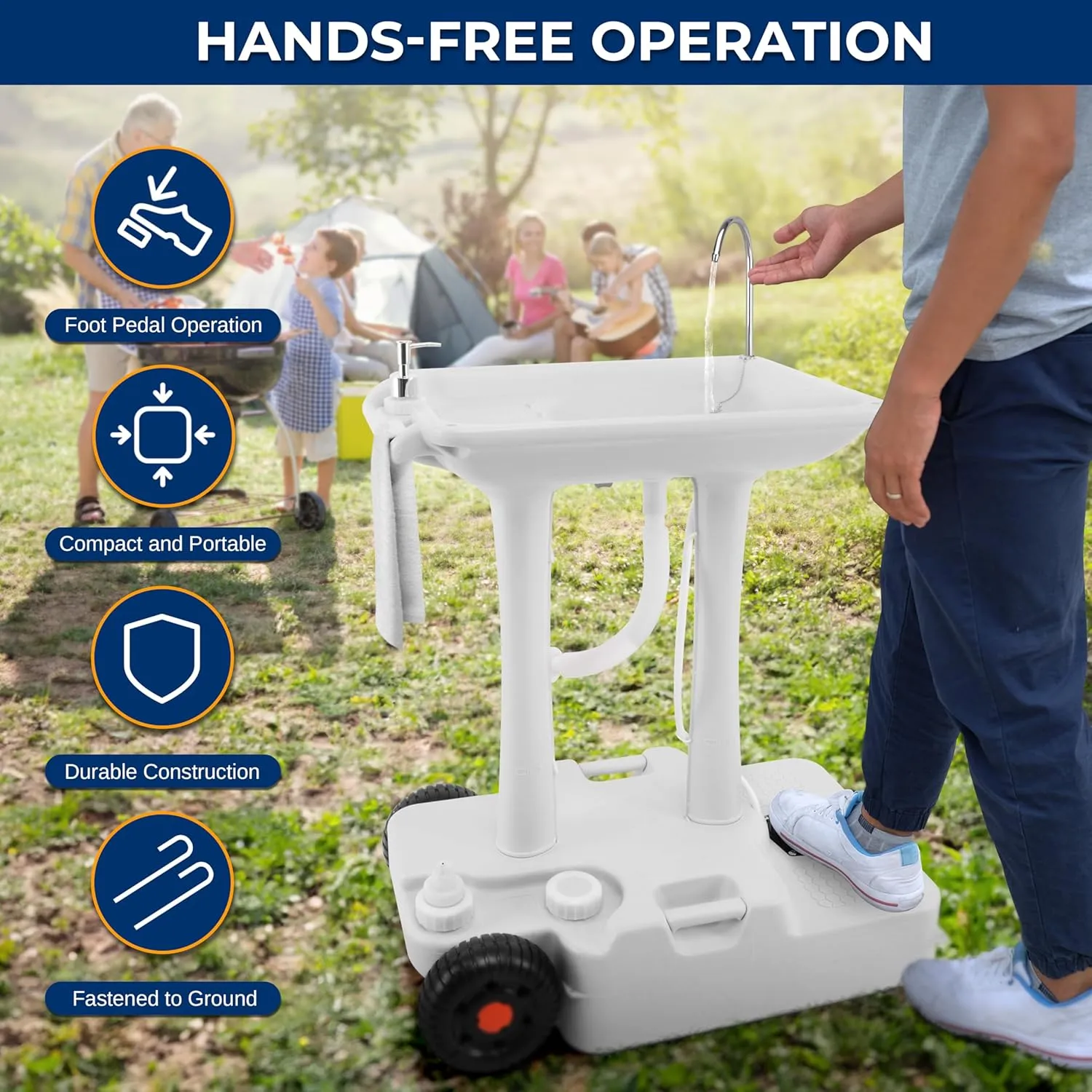 SereneLife Portable Camping Sink with 30L (7  Gallon) Built-In Water Tank, Large Wheels, Hands-Free Foot Pump, Extra-Large Basin, and 5L Soap Dispenser – Ideal for Outdoors, Camping, and Worksites