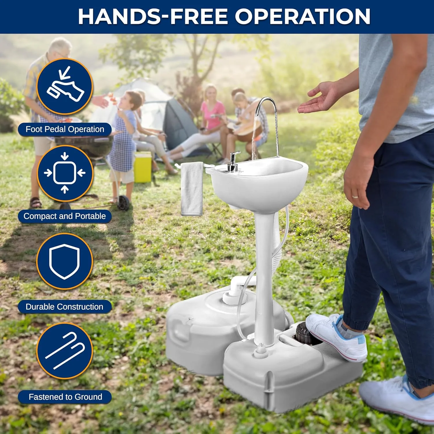 SereneLife Portable Camping Sink with 5 Gallon Water Tank, 6.4 Gallon Waste Tank, Hands-Free Foot Pump, Soap Dispenser & Towel Holder – Perfect for Camping, Worksites, Outdoors