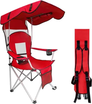 Shade Canopy Camping Chair-Portable Folding Camping Chair Back Support with Cup Holder & Side Pockets for Outdoor, Fishing, Picnic, Beach (Red)
