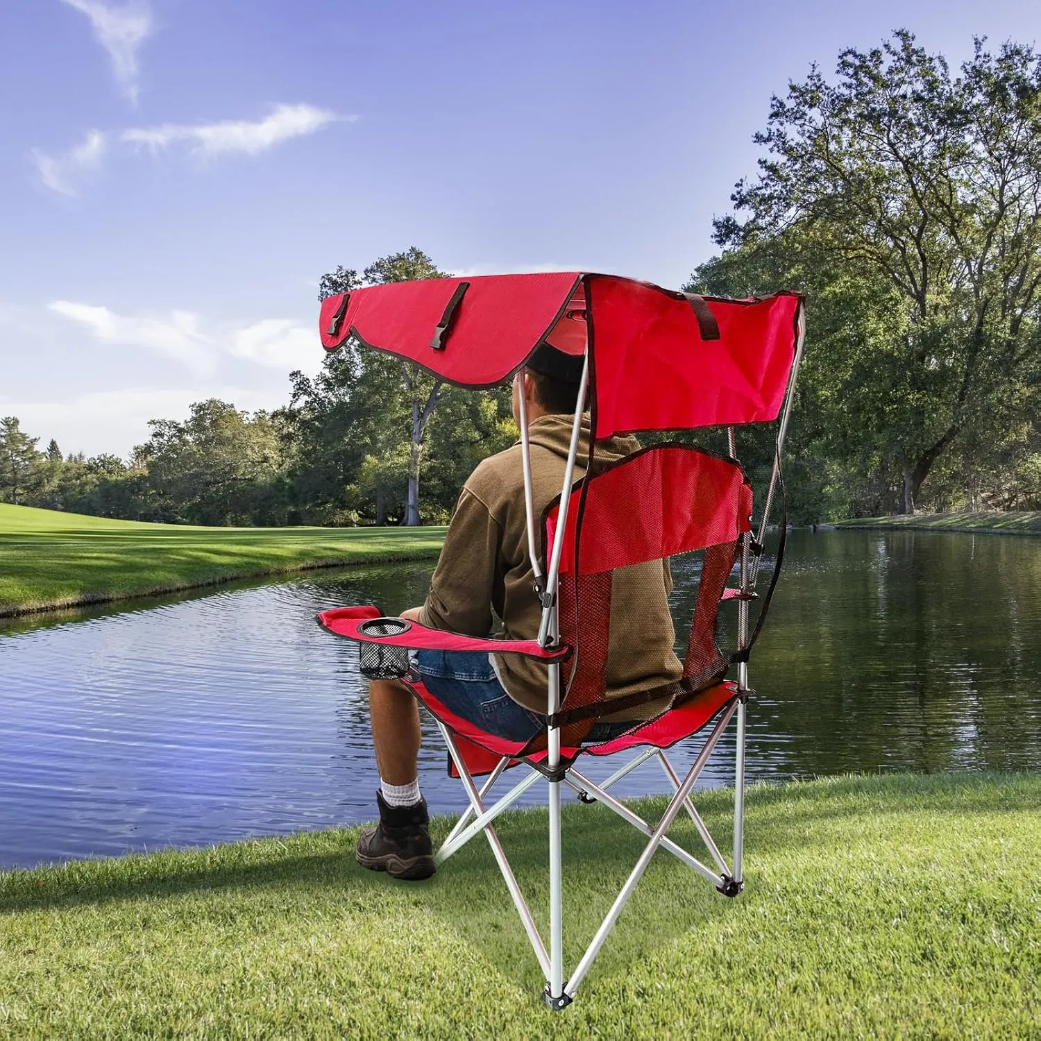 Shade Canopy Camping Chair-Portable Folding Camping Chair Back Support with Cup Holder & Side Pockets for Outdoor, Fishing, Picnic, Beach (Red)