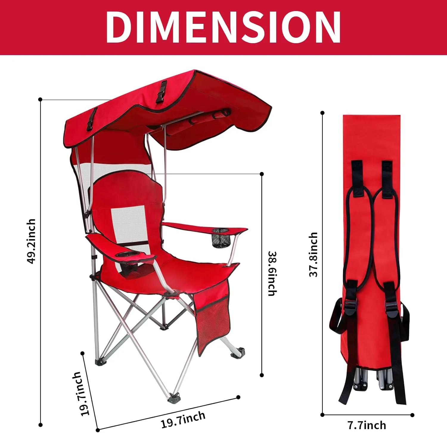 Shade Canopy Camping Chair-Portable Folding Camping Chair Back Support with Cup Holder & Side Pockets for Outdoor, Fishing, Picnic, Beach (Red)