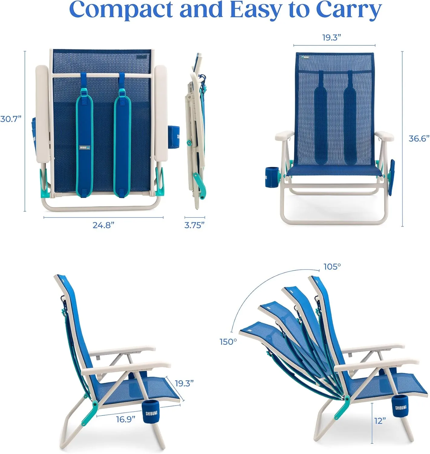 Shibumi Beach Chairs Set of 2. Anti-Rust Marine Grade Frame. 300lb Capacity. Weighs 8 Pounds. Adjustable Padded Backpack Straps. Breathable DreamWave Fabric.