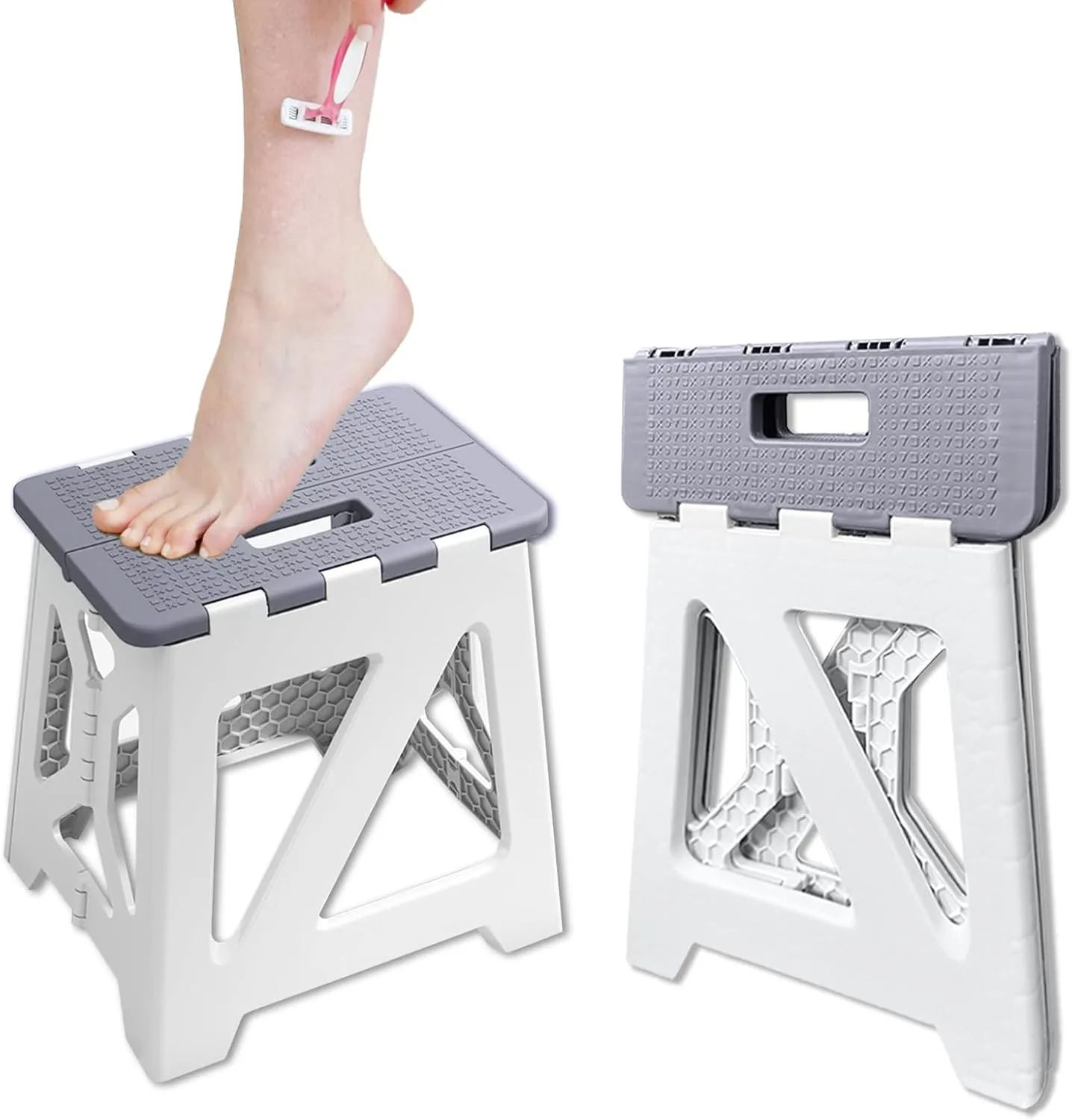 Shower Stool for Shaving Legs, 1 Pack Foot Rest Folding Stool Step to Shave Legs Shaving for Inside Shower Foldable Small Waterproof Plastic Corner Gray Khaki White (Gray/White)
