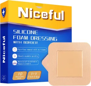 Silicone Foam Dressing 3x3 in (7.5x7.5cm),High Absorbency Bed Sore Bandages Wound Care Dressing,Waterproof Silicone Bandages for Sensitive Skin Wound Care(10 Pcs),FSA HSA Eligible