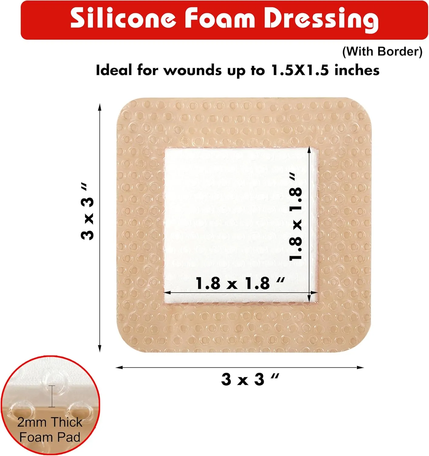 Silicone Foam Dressing with Adhesive Border – Wound Dressing Bandage – Silicone Foam Pad – Pack of 20 – 3 x 3 Inches Large Waterproof Bandages – Self Adhesive Wound Care and Dressings