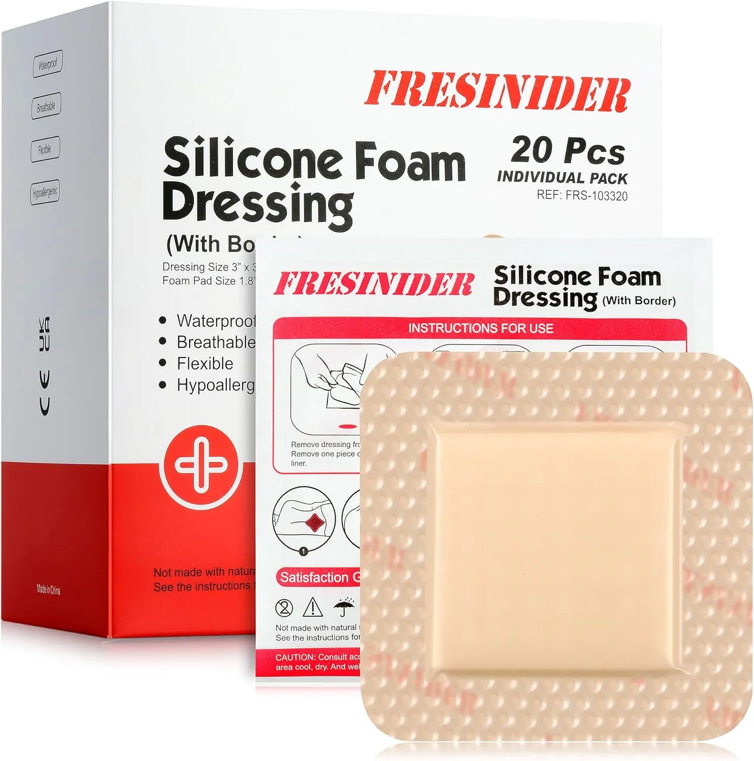 Silicone Foam Dressing with Adhesive Border – Wound Dressing Bandage – Silicone Foam Pad – Pack of 20 – 3 x 3 Inches Large Waterproof Bandages – Self Adhesive Wound Care and Dressings