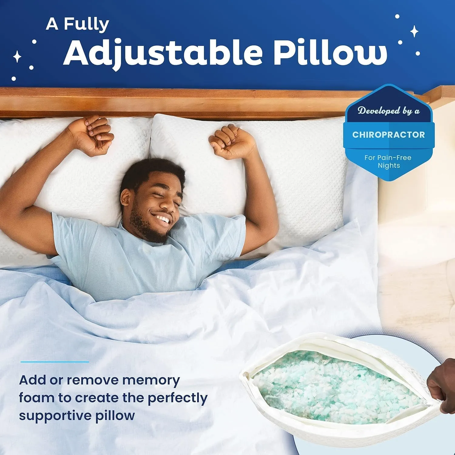 Snuggle-Pedic Adjustable Memory Foam Pillows - ﻿GreenGold Certified Pillow w/ Viscose of Bamboo Cover for Side, Stomach & Back Sleepers - Made in the USA - ﻿Standard