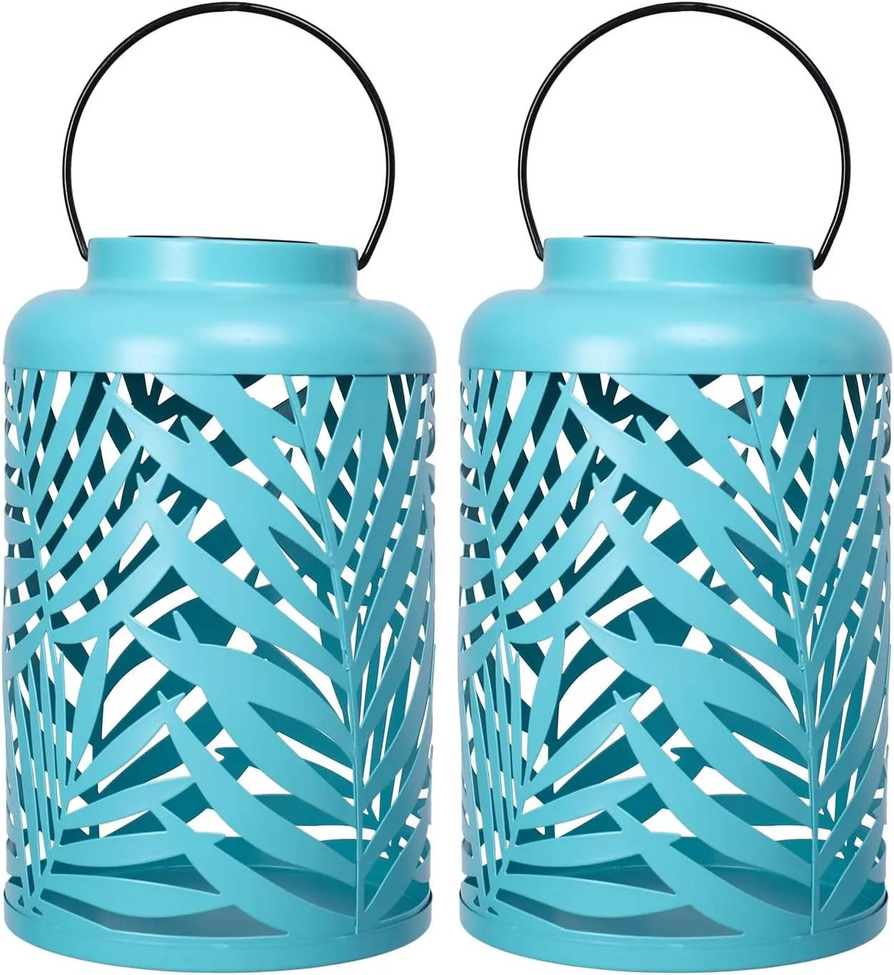 Solar Lantern Outdoor Waterproof Lanterns, 2 Pack Metal Leaf Projection Hanging Lanterns Decorative Lantern for Patio Garden Yard Backyard Front Porch (Blue)