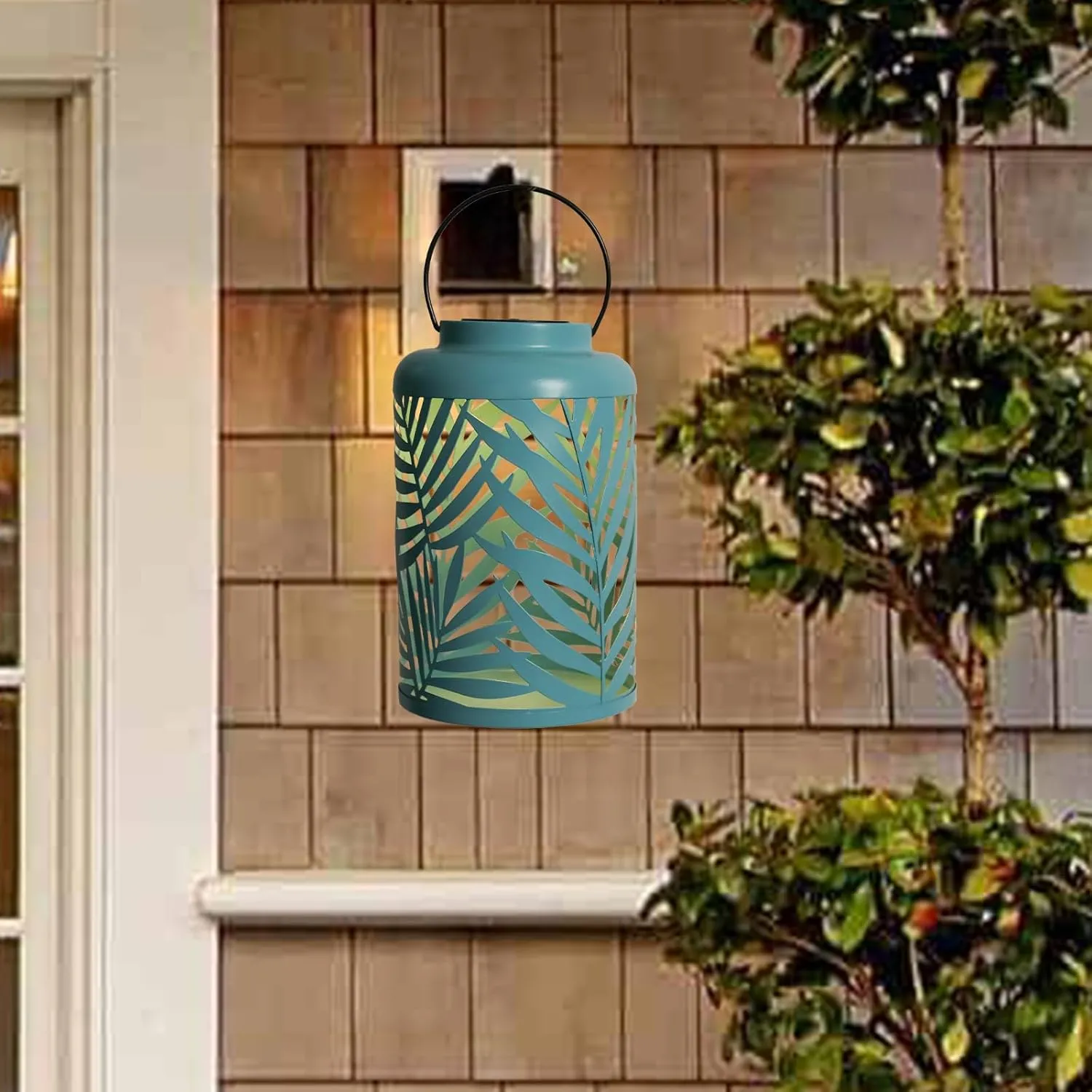 Solar Lantern Outdoor Waterproof Lanterns, 2 Pack Metal Leaf Projection Hanging Lanterns Decorative Lantern for Patio Garden Yard Backyard Front Porch (Blue)