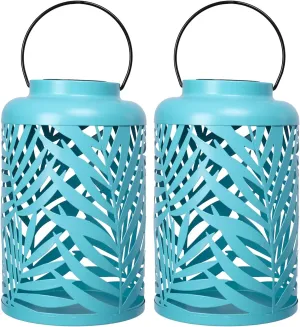Solar Lantern Outdoor Waterproof Lanterns, 2 Pack Metal Leaf Projection Hanging Lanterns Decorative Lantern for Patio Garden Yard Backyard Front Porch (Blue)