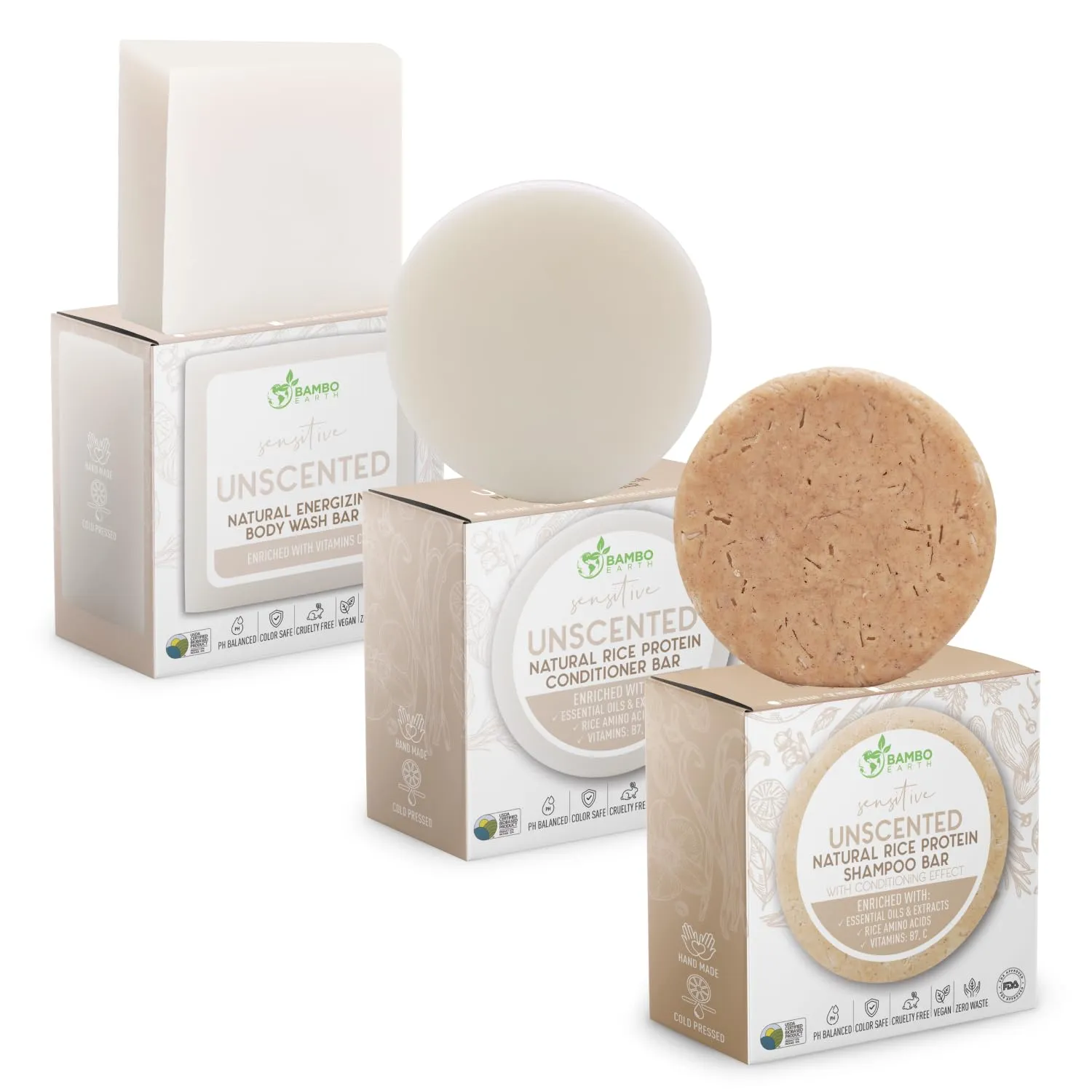 Solid Rice Protein Shampoo, Conditioner and Body Wash Bundle | Shampoo, Conditioner & Wash Bars For Hair and Body w/All Natural Plant Based Essential Oils & Zero Waste Packaging (Unscented)