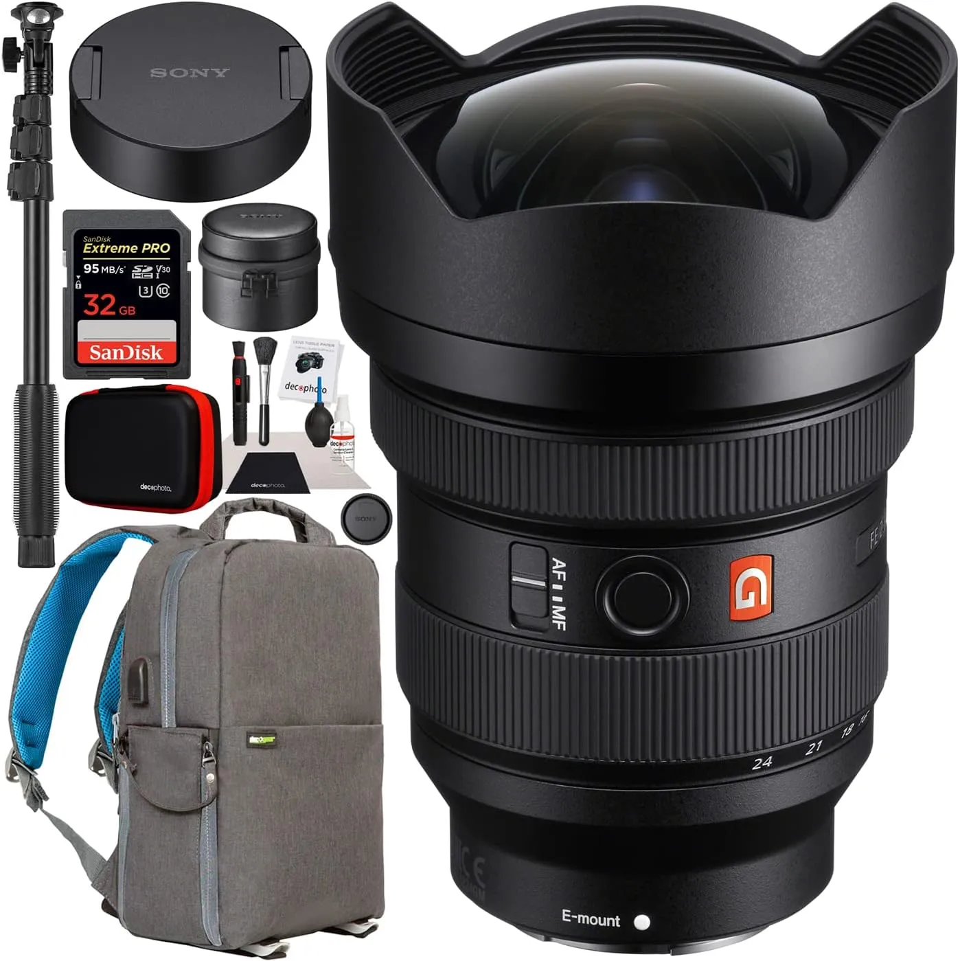 Sony FE 12-24mm F2.8 GM G Master Full Frame Ultra-Wide Zoom E-Mount Lens SEL1224GM for Mirrorless Cameras Bundle with Deco Gear Photography Backpack   Photo Video Monopod Stabilizer   Accessories Kit