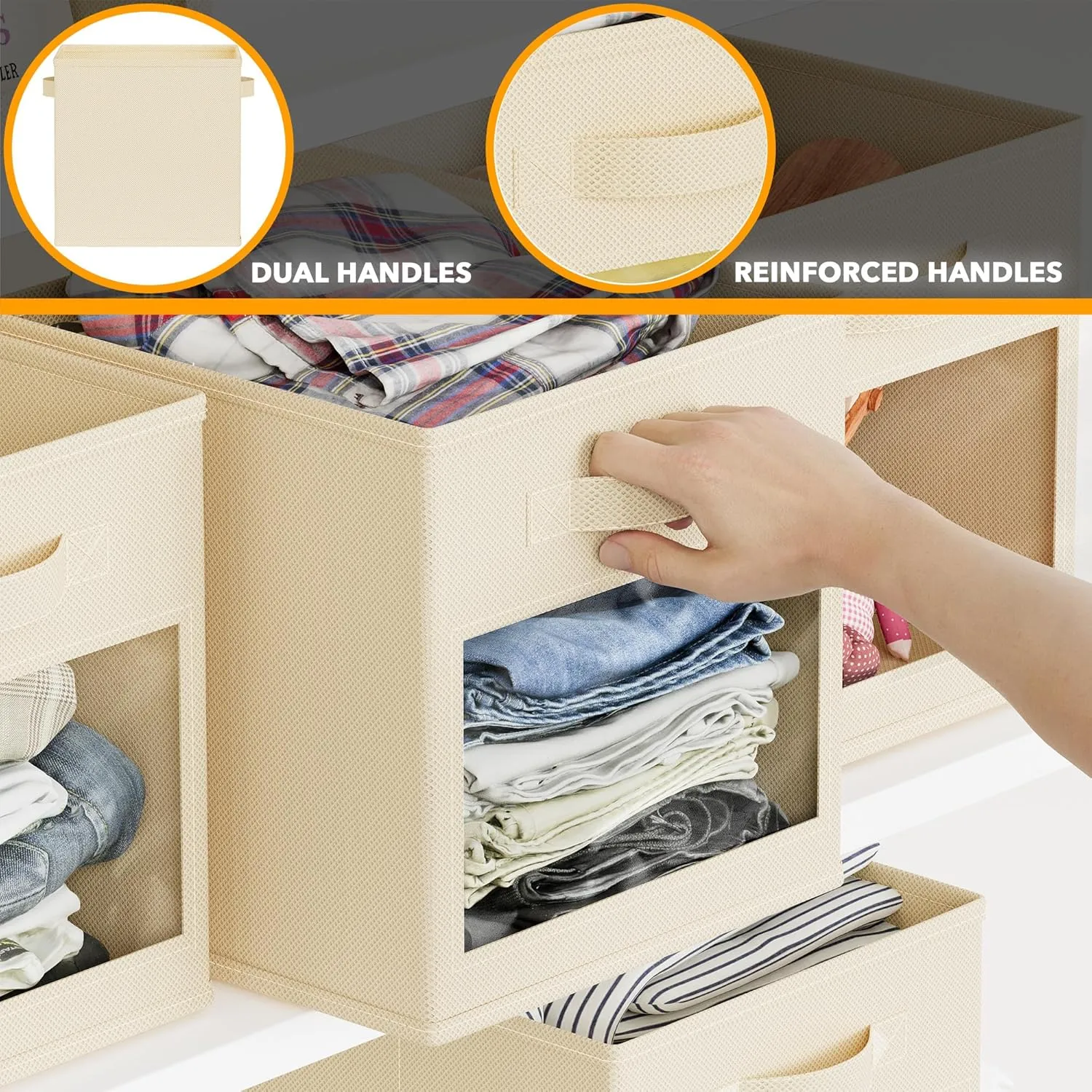 SpaceAid Storage Cubes with Clear Windows, Set of 6 Fabric Bins, 11 Inch Foldable Baskets Boxes for Closet, Cubby Shelf or Cube Storage Organizer, Beige