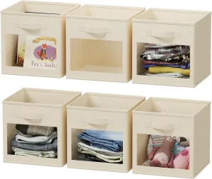 SpaceAid Storage Cubes with Clear Windows, Set of 6 Fabric Bins, 11 Inch Foldable Baskets Boxes for Closet, Cubby Shelf or Cube Storage Organizer, Beige