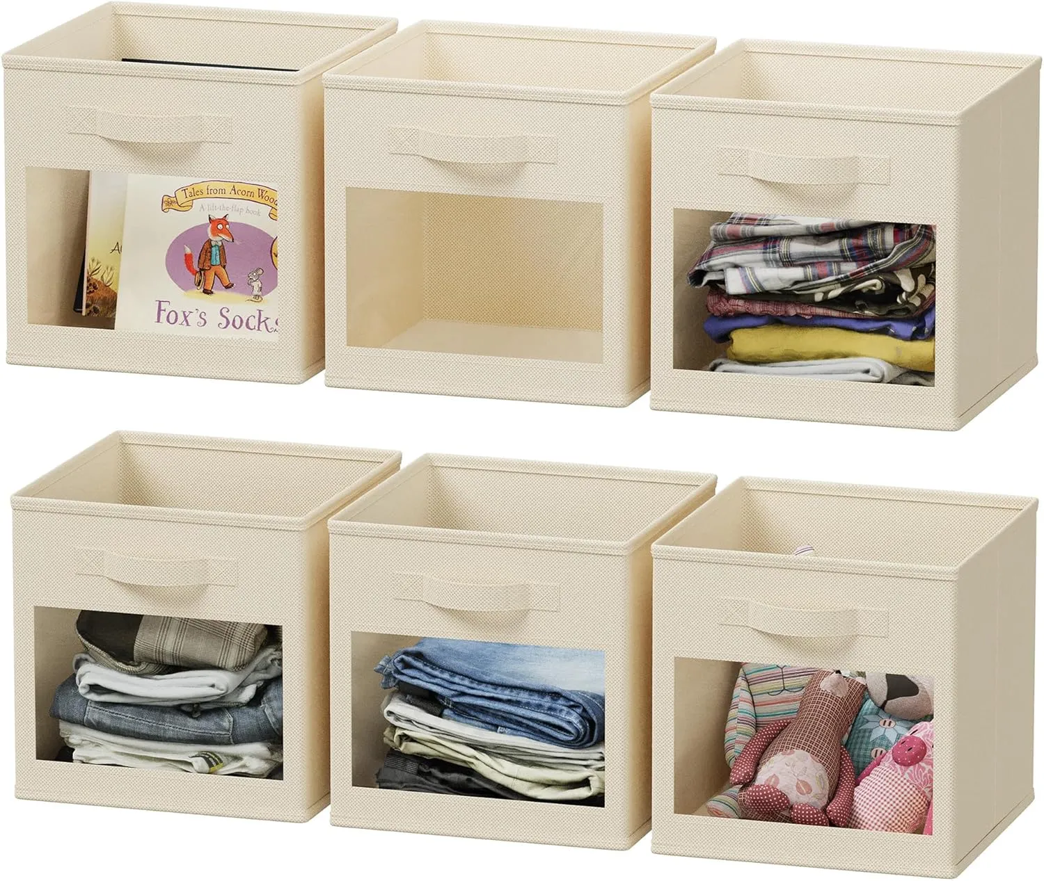 SpaceAid Storage Cubes with Clear Windows, Set of 6 Fabric Bins, 11 Inch Foldable Baskets Boxes for Closet, Cubby Shelf or Cube Storage Organizer, Beige