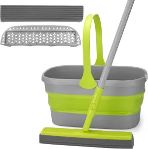 Sponge Mop and Collapsible Bucket Set with Wringer and Replaceable Mop Sponge Pads for Home Bathroom Tile Hardwood Floor Wall Cleaning