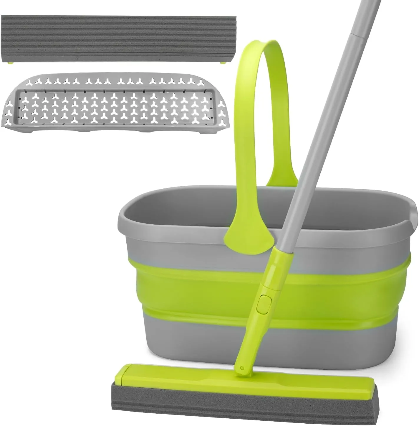 Sponge Mop and Collapsible Bucket Set with Wringer and Replaceable Mop Sponge Pads for Home Bathroom Tile Hardwood Floor Wall Cleaning