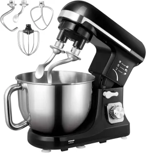 Stand Mixer Fohere, with Double Dough Hook, Wire Whip & Beater, 6  P Speed Tilt-Head Food Mixer, Pouring Shield for Home Cooking, Dishwasher Safe Stainless Steel Bowl with Handle (Black)