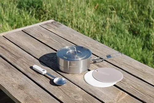 Stanley Wildfare Pro 5-Piece Stainless Steel Saucepan Cook Set | 2 qt Saucepan with Fold & Lock Handle | Cutting Board and Spoon | Camping Essentials for Your Camp Kitchen | BPA-Free