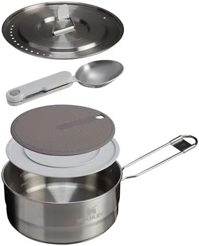 Stanley Wildfare Pro 5-Piece Stainless Steel Saucepan Cook Set | 2 qt Saucepan with Fold & Lock Handle | Cutting Board and Spoon | Camping Essentials for Your Camp Kitchen | BPA-Free