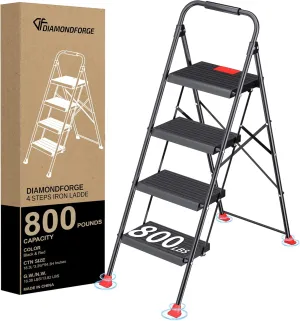 Step Ladder Foldable Folding Stool - for Home Adults Kitchen 4 Stepping Extension Tall Heavy Duty with Handrails - Closet Stepstool Stair Ladders Extendable Stepladder for Indoor House 800Lbs