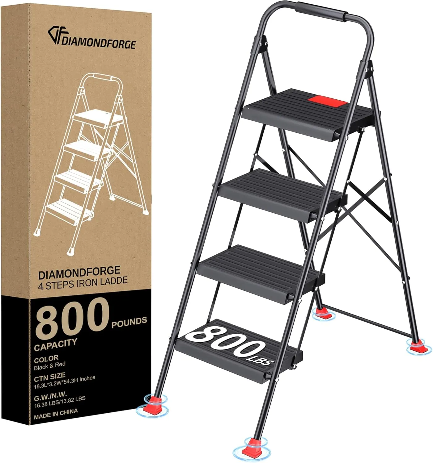 Step Ladder Foldable Folding Stool - for Home Adults Kitchen 4 Stepping Extension Tall Heavy Duty with Handrails - Closet Stepstool Stair Ladders Extendable Stepladder for Indoor House 800Lbs