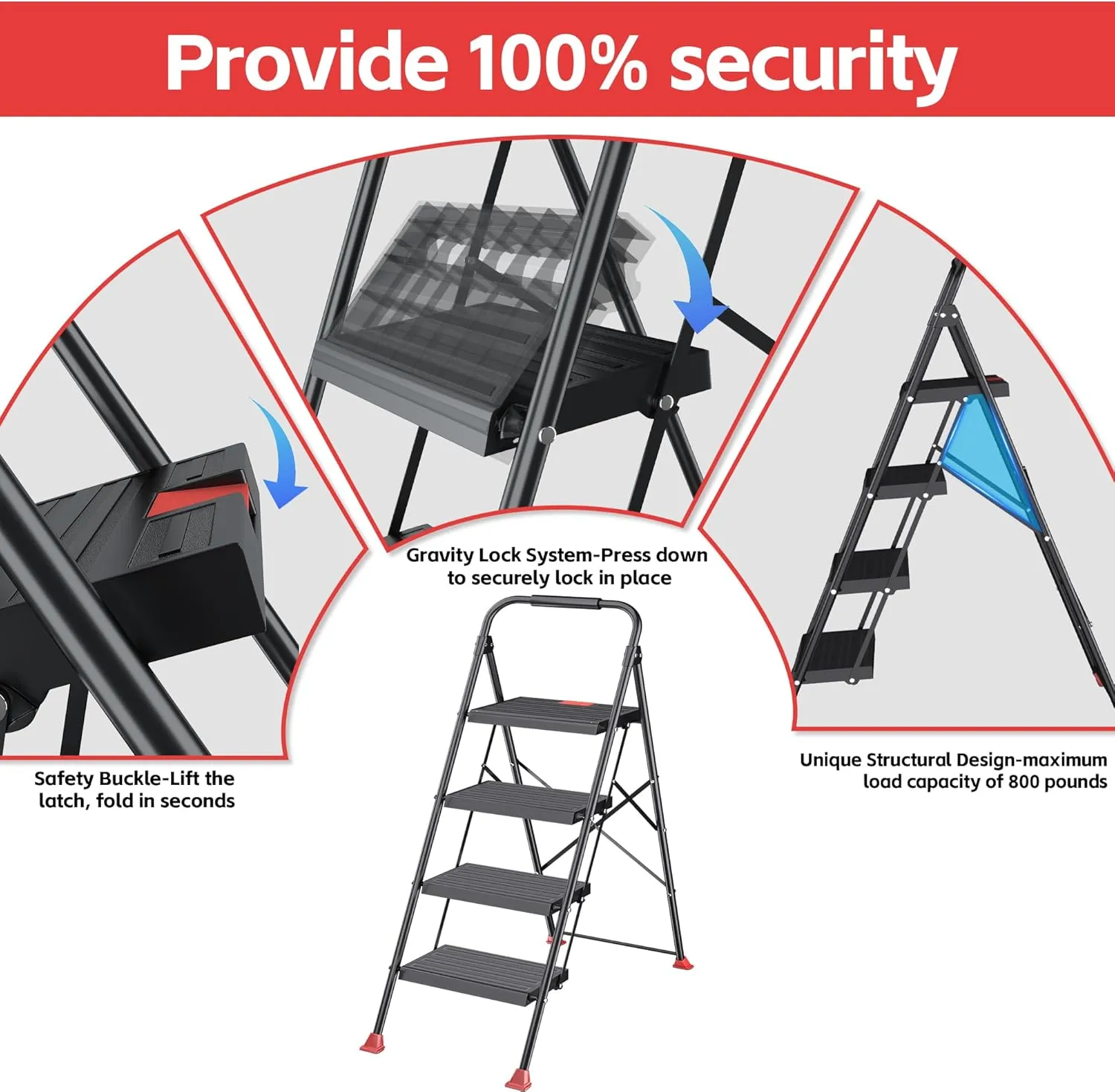 Step Ladder Foldable Folding Stool - for Home Adults Kitchen 4 Stepping Extension Tall Heavy Duty with Handrails - Closet Stepstool Stair Ladders Extendable Stepladder for Indoor House 800Lbs