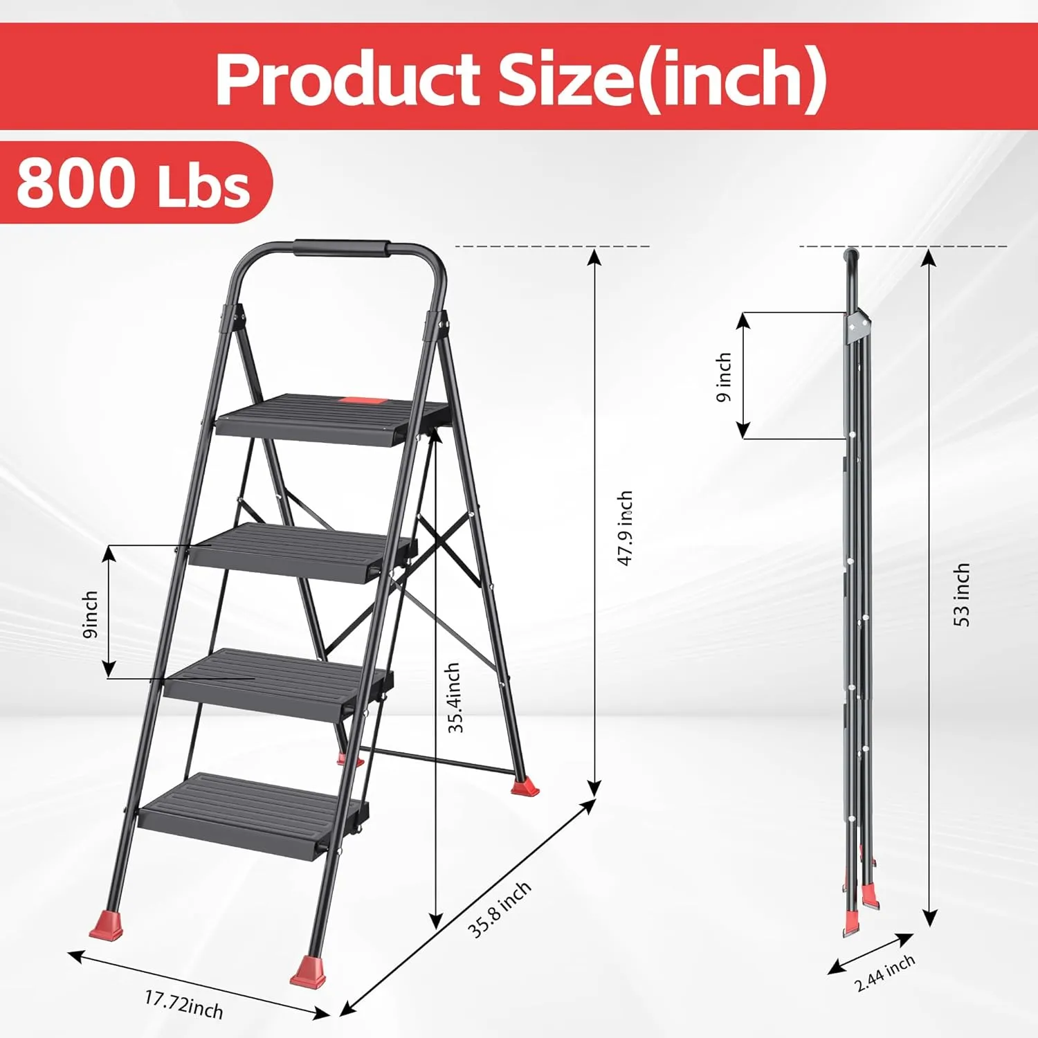 Step Ladder Foldable Folding Stool - for Home Adults Kitchen 4 Stepping Extension Tall Heavy Duty with Handrails - Closet Stepstool Stair Ladders Extendable Stepladder for Indoor House 800Lbs