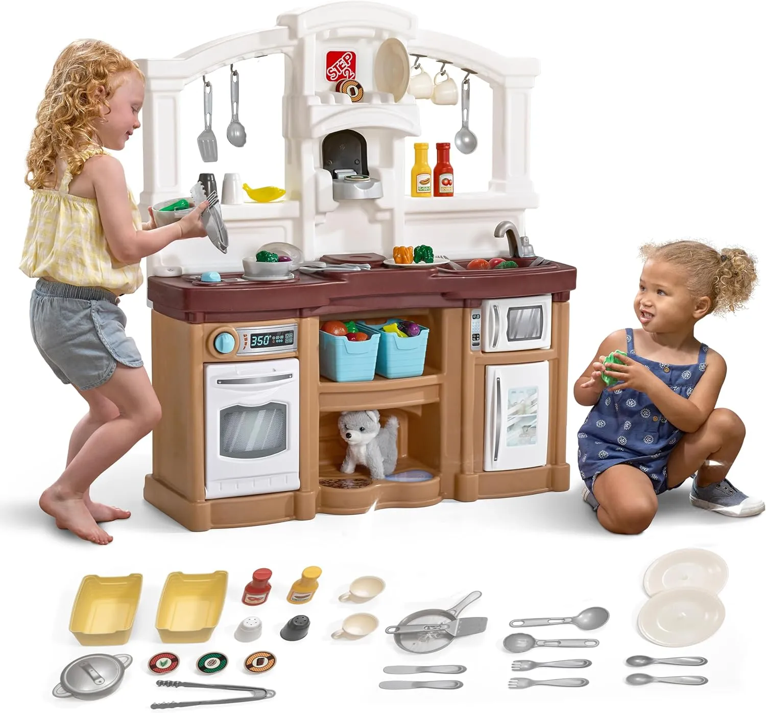Step2 Fun with Friends Kids Kitchen Playset, Indoor/Outdoor Kitchenette, Interactive Play with Lights and Sounds, Durable Plastic, Includes 25 Piece Toy Accessories, Toddlers 2  Years Old, Tan