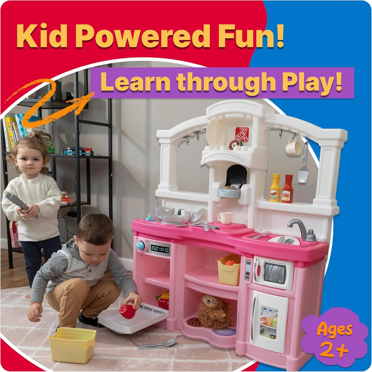 Step2 Fun with Friends Kids Kitchen Playset, Indoor/Outdoor Kitchenette, Interactive Play with Lights and Sounds, Durable Plastic, Includes 25 Piece Toy Accessories, Toddlers 2  Years Old, Tan