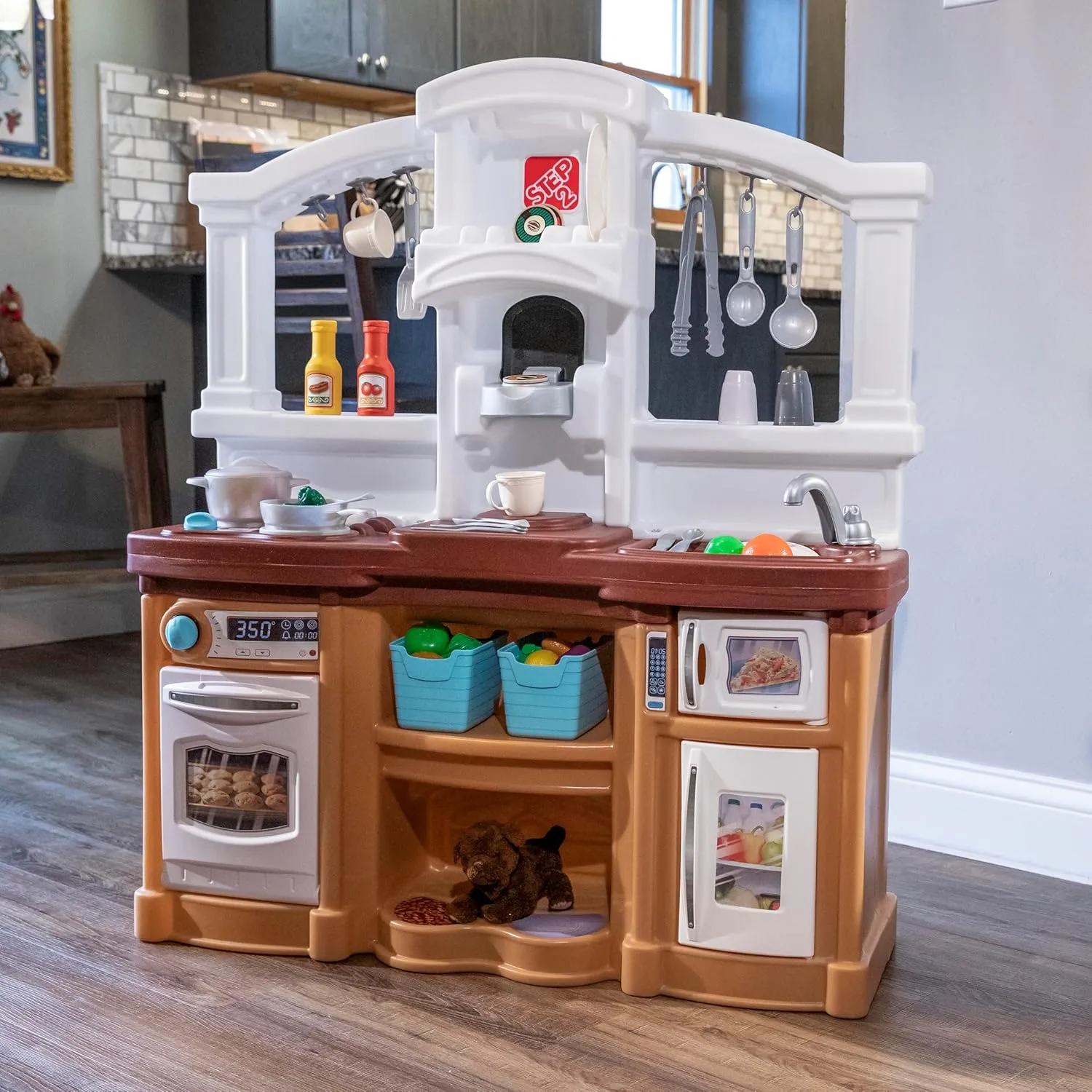 Step2 Fun with Friends Kids Kitchen Playset, Indoor/Outdoor Kitchenette, Interactive Play with Lights and Sounds, Durable Plastic, Includes 25 Piece Toy Accessories, Toddlers 2  Years Old, Tan