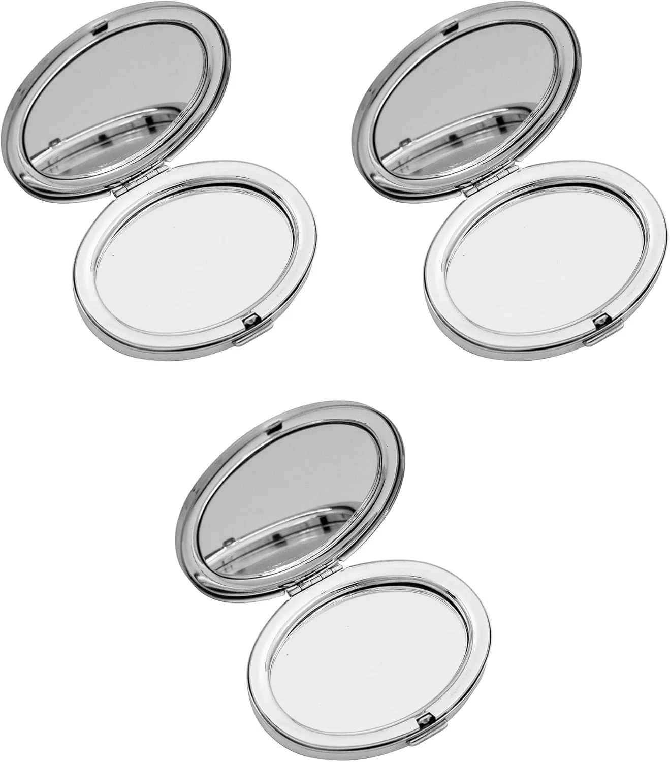 Stephanie Imports Set of 3 Double Sided Magnifying Compact Mirrors with Reflective Metal Finish (Silver, Oval)