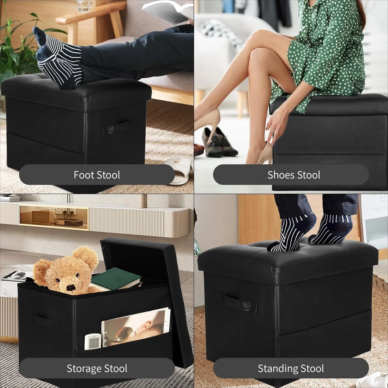 Storage Ottoman Foot Rest Stool with Thicker Foam Padded Seat. Foldable Leather Footstool Bench. Small Ottoman with Storage for Living Room Bedroom Coffee Table 350 lbs, 17x13x13in, Black
