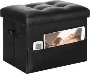 Storage Ottoman Foot Rest Stool with Thicker Foam Padded Seat. Foldable Leather Footstool Bench. Small Ottoman with Storage for Living Room Bedroom Coffee Table 350 lbs, 17x13x13in, Black