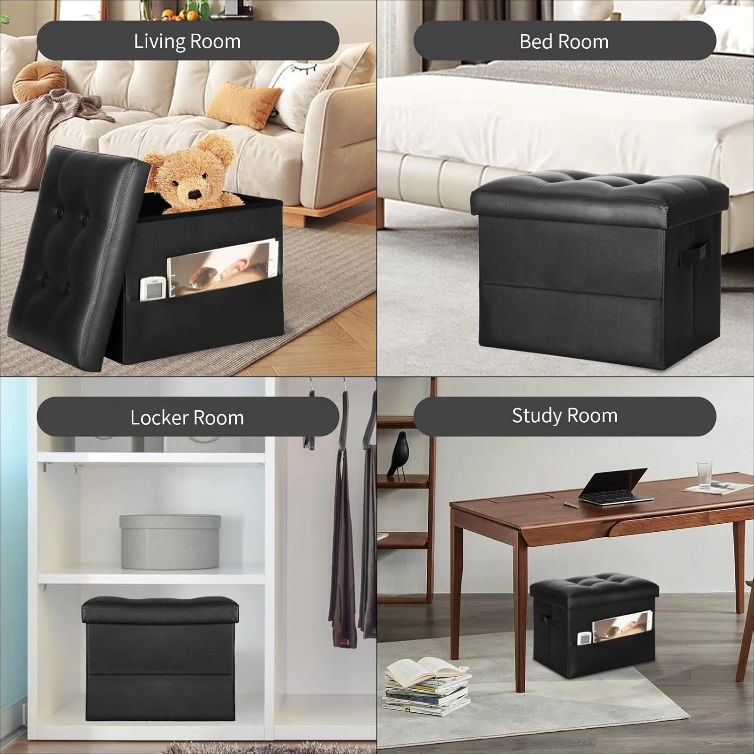 Storage Ottoman Foot Rest Stool with Thicker Foam Padded Seat. Foldable Leather Footstool Bench. Small Ottoman with Storage for Living Room Bedroom Coffee Table 350 lbs, 17x13x13in, Black