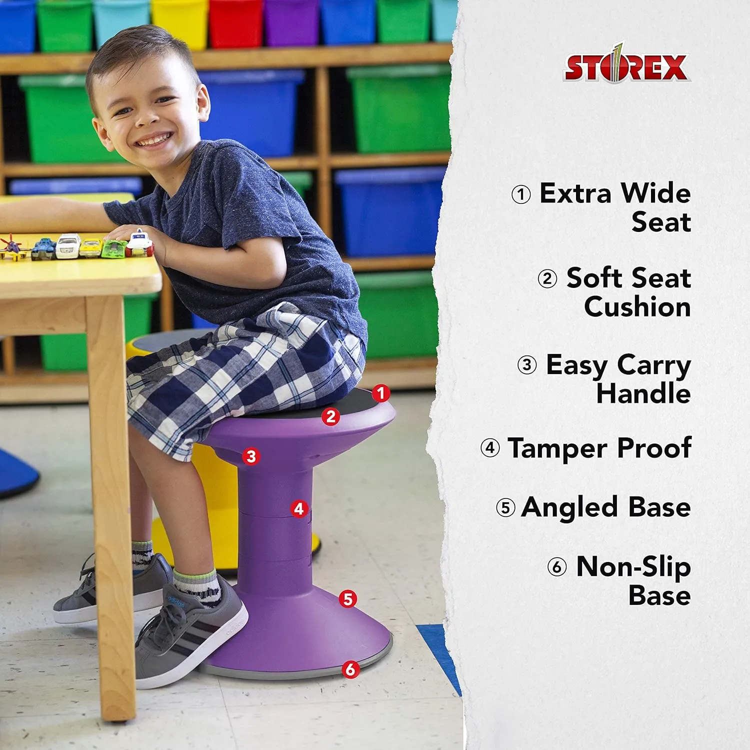 Storex Wiggle Stool – Active Flexible Seating for Classroom and Home Study, Adjustable 12-18 Inch Height, Violet (00307U01C)