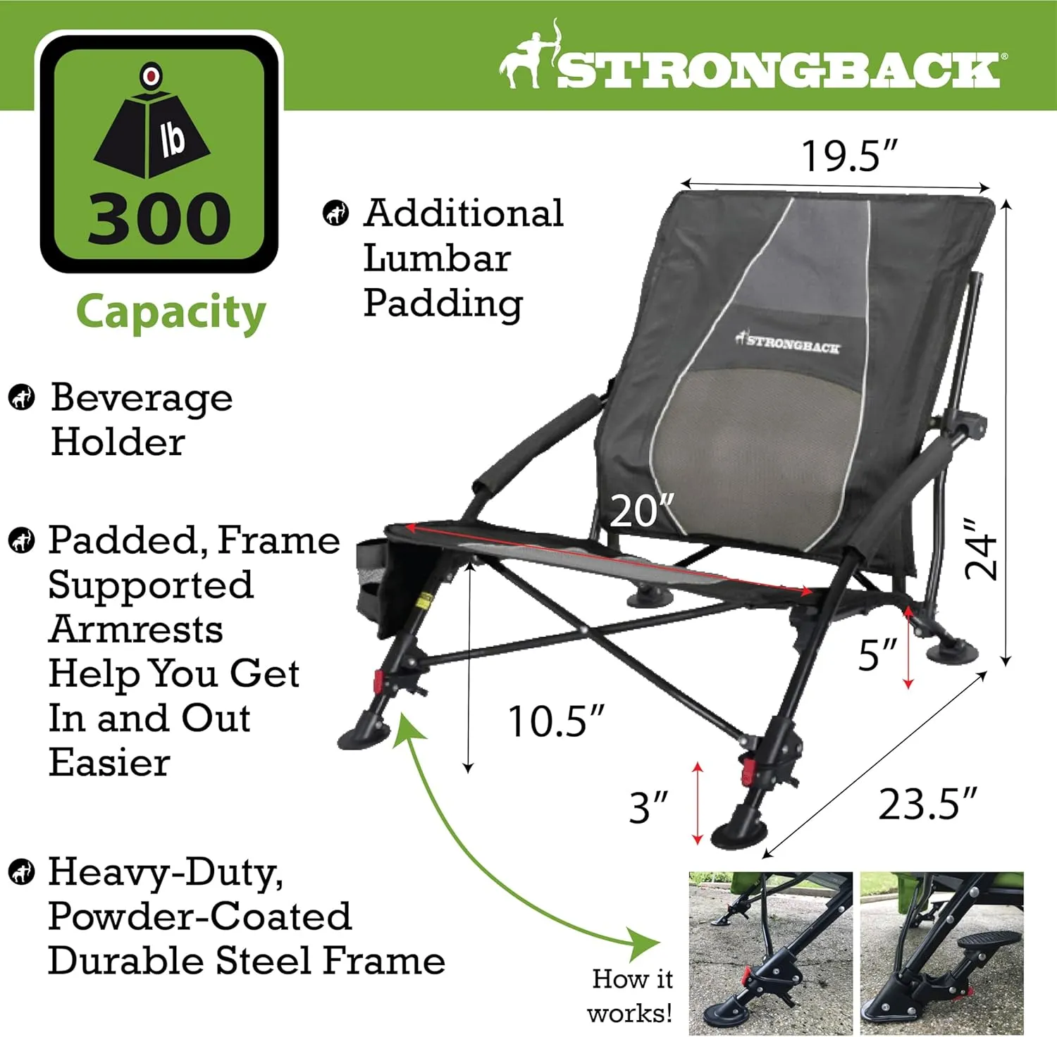 STRONGBACK Beach Chairs - Low Gravity Recliner Portable Beach Chair - with Built-in Lumbar Support, Heavy Duty Folding Beach Chairs, Great for Travel