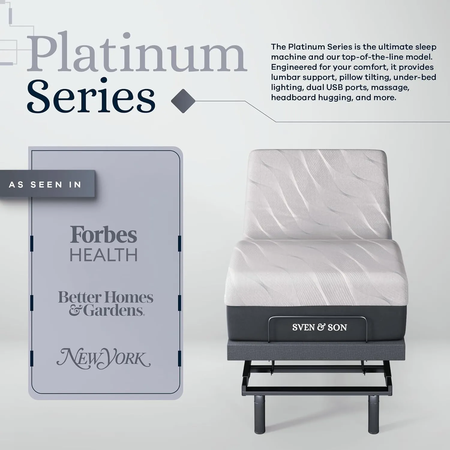 Sven & Son Platinum Adjustable Bed Base Frame   12 inch Memory Foam Matt (Medium), Lumbar Support, Head-Pillow-Tilt, Massage, Under-Bed Lights, USB - Twin XL
