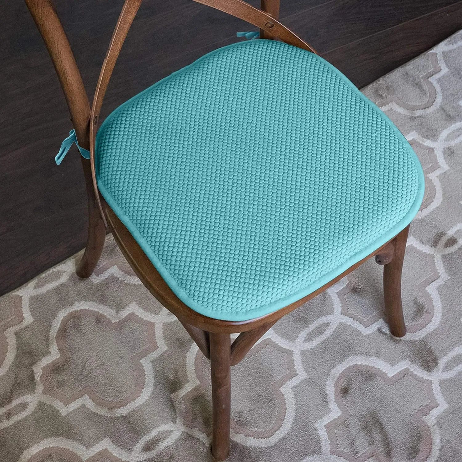 Sweet Home Collection Chair Cushion Memory Foam Pads with Ties Honeycomb Pattern Slip Non Skid Rubber Back Rounded Square 16" x 16" Seat Cover, 4 Pack, Teal 4 Pack