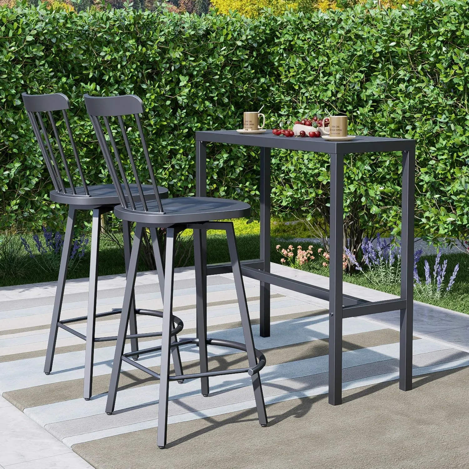 Swivel Outdoor Bar Stools Set of 2, Alloy Steel Bar Height Patio Chairs with High Back，All-Weather Patio Furniture for Deck Lawn Garden, Black