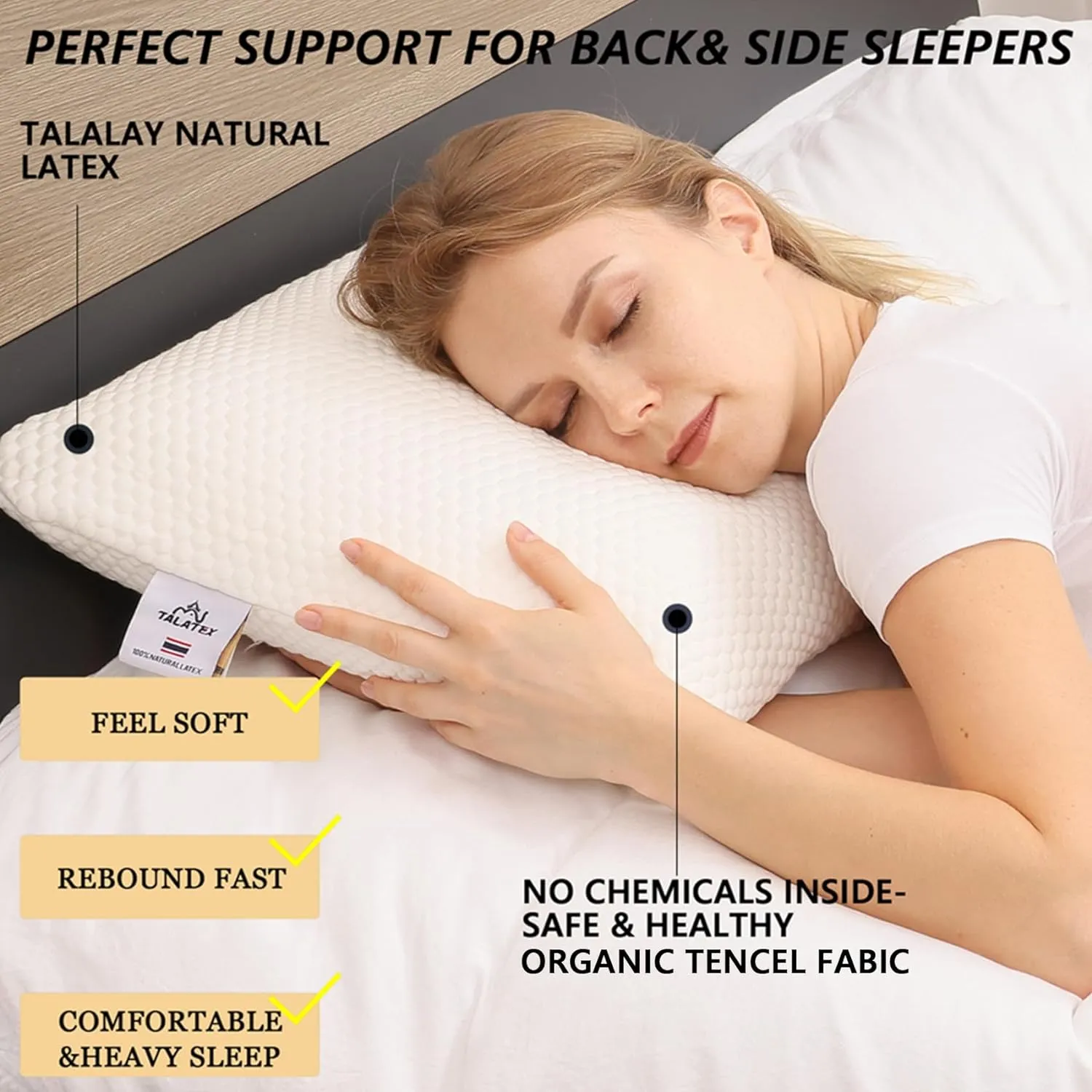 Talatex Talalay 100% Natural Premium Latex Pillow, Purefusion Talalay Latex Helps Relieve Pressure, No Memory Foam Chemicals, Perfect Package Best Gift with Removable Tencel Cover
