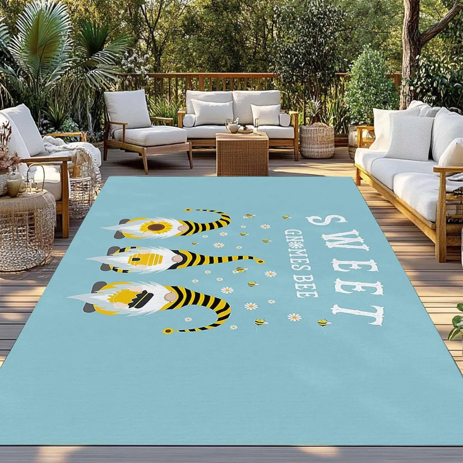Teal Green Outdoor Rug 5x8ft Large Patio Rug,Washable RV Camping Outside Area Runner Rug Mat,Sweet Honey Gnome Bee Stripe White Daisy Carpet for Picnic Backyard Deck Porch Balcony Beach & Indoor