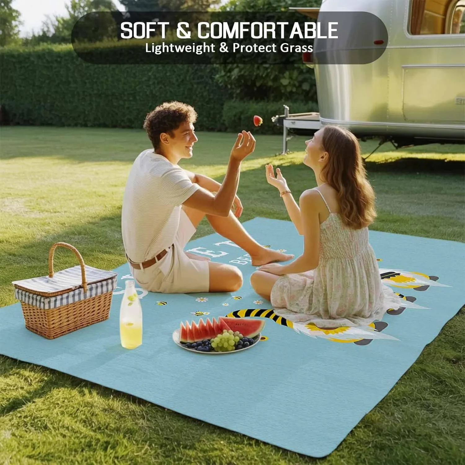 Teal Green Outdoor Rug 5x8ft Large Patio Rug,Washable RV Camping Outside Area Runner Rug Mat,Sweet Honey Gnome Bee Stripe White Daisy Carpet for Picnic Backyard Deck Porch Balcony Beach & Indoor