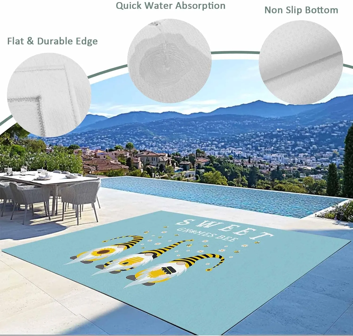 Teal Green Outdoor Rug 5x8ft Large Patio Rug,Washable RV Camping Outside Area Runner Rug Mat,Sweet Honey Gnome Bee Stripe White Daisy Carpet for Picnic Backyard Deck Porch Balcony Beach & Indoor