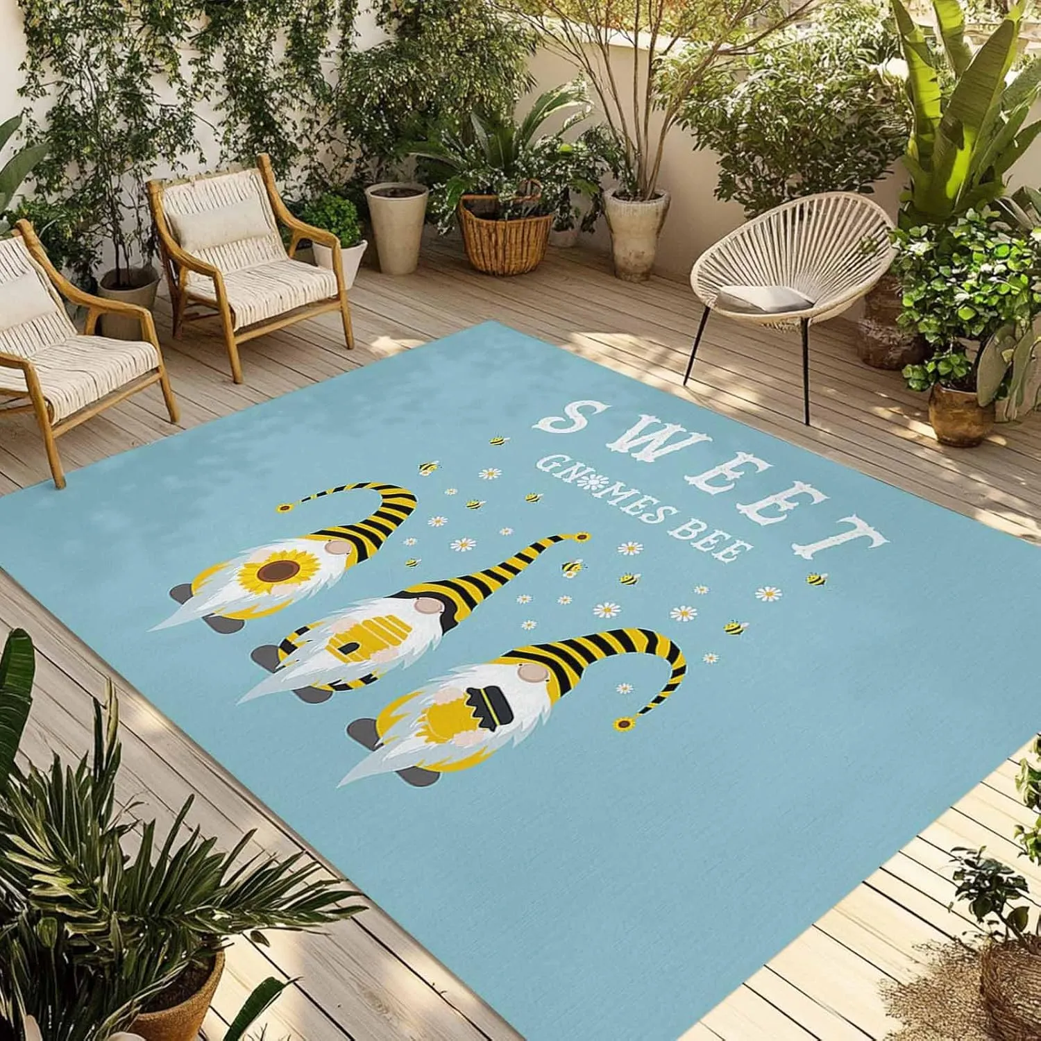 Teal Green Outdoor Rug 5x8ft Large Patio Rug,Washable RV Camping Outside Area Runner Rug Mat,Sweet Honey Gnome Bee Stripe White Daisy Carpet for Picnic Backyard Deck Porch Balcony Beach & Indoor