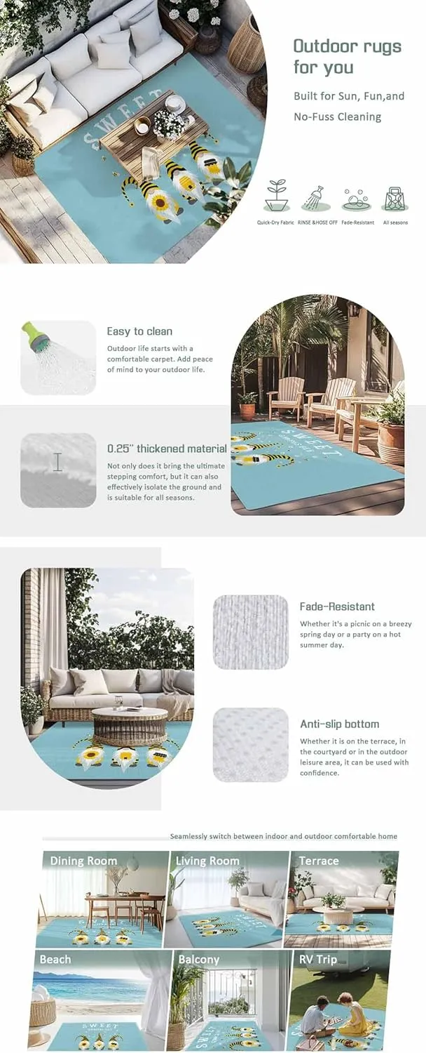 Teal Green Outdoor Rug 5x8ft Large Patio Rug,Washable RV Camping Outside Area Runner Rug Mat,Sweet Honey Gnome Bee Stripe White Daisy Carpet for Picnic Backyard Deck Porch Balcony Beach & Indoor
